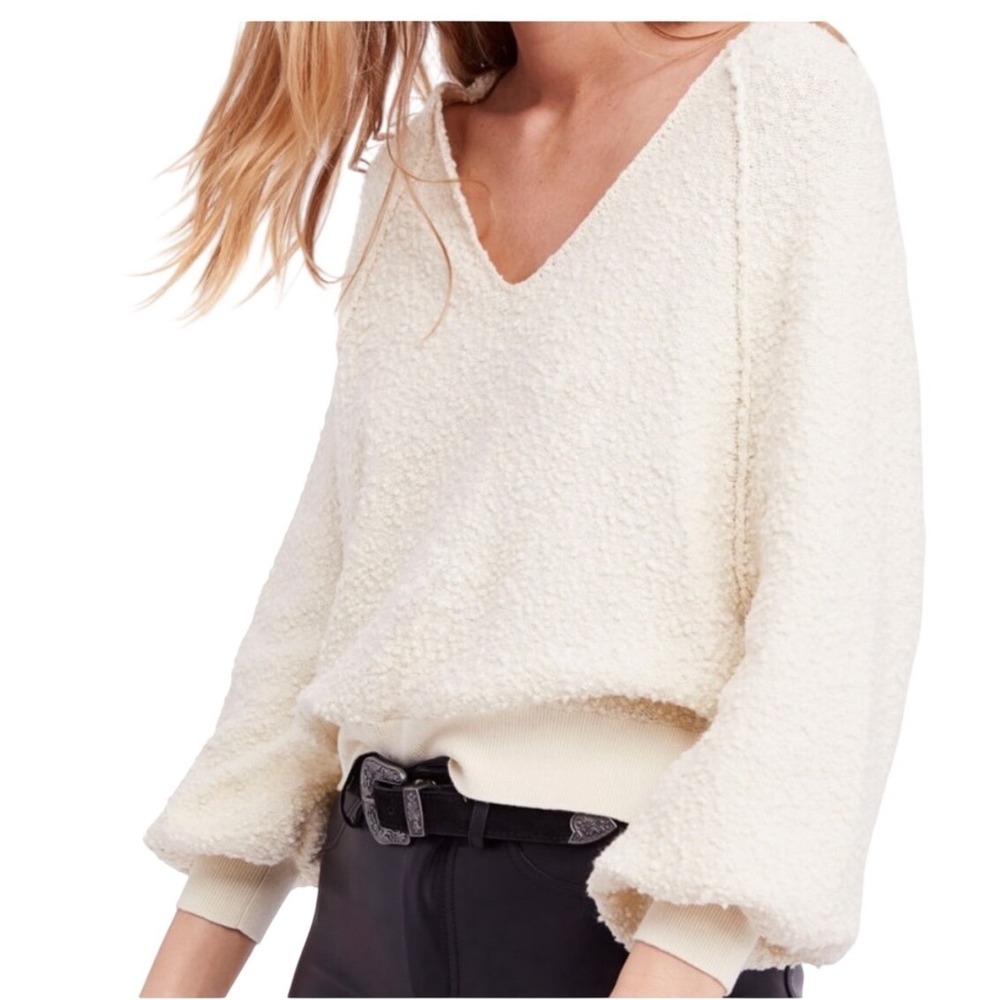 Free People Sweater Women Small Found My Friend Textured V Neck Balloon Sleeve - Picture 1 of 6